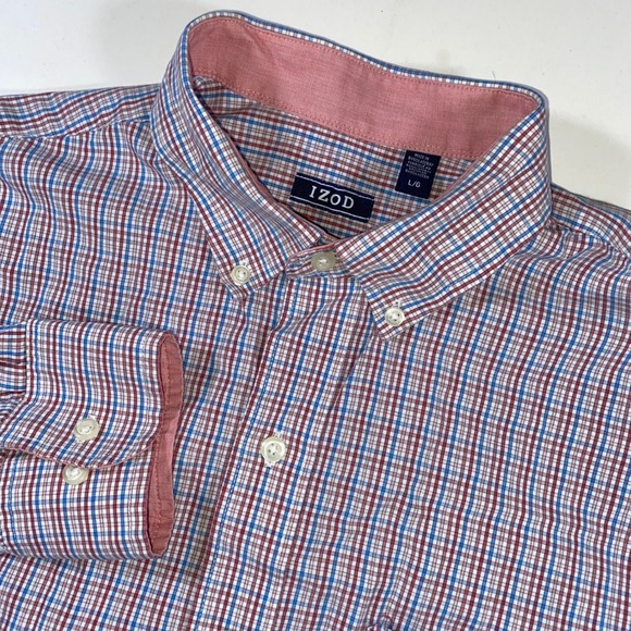 IZOD Mens Button Down Shirt L/G Large Plaid Checkered Long Sleeve Casual - Picture 1 of 6